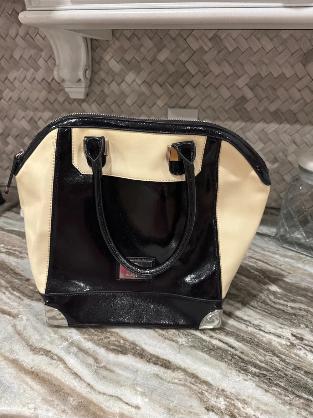 Patent Black and Cream Satchel with Silver Accents